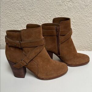 Gianni Bini Cognac Suede Ankle Booties with Stacked Heel